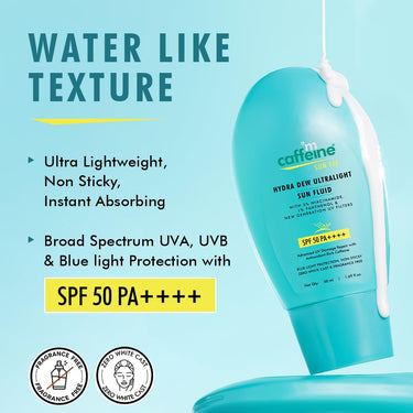 mCaffeine Hydra Dew Ultralight Sun Fluid SPF50 PA++++ UVA/UVB Blue Light Protection|Water Like Glow Texture|Lightweight, Non-Sticky, Quick Absorbing|No White Cast|All Skin Types|For Men/Women - 50ml